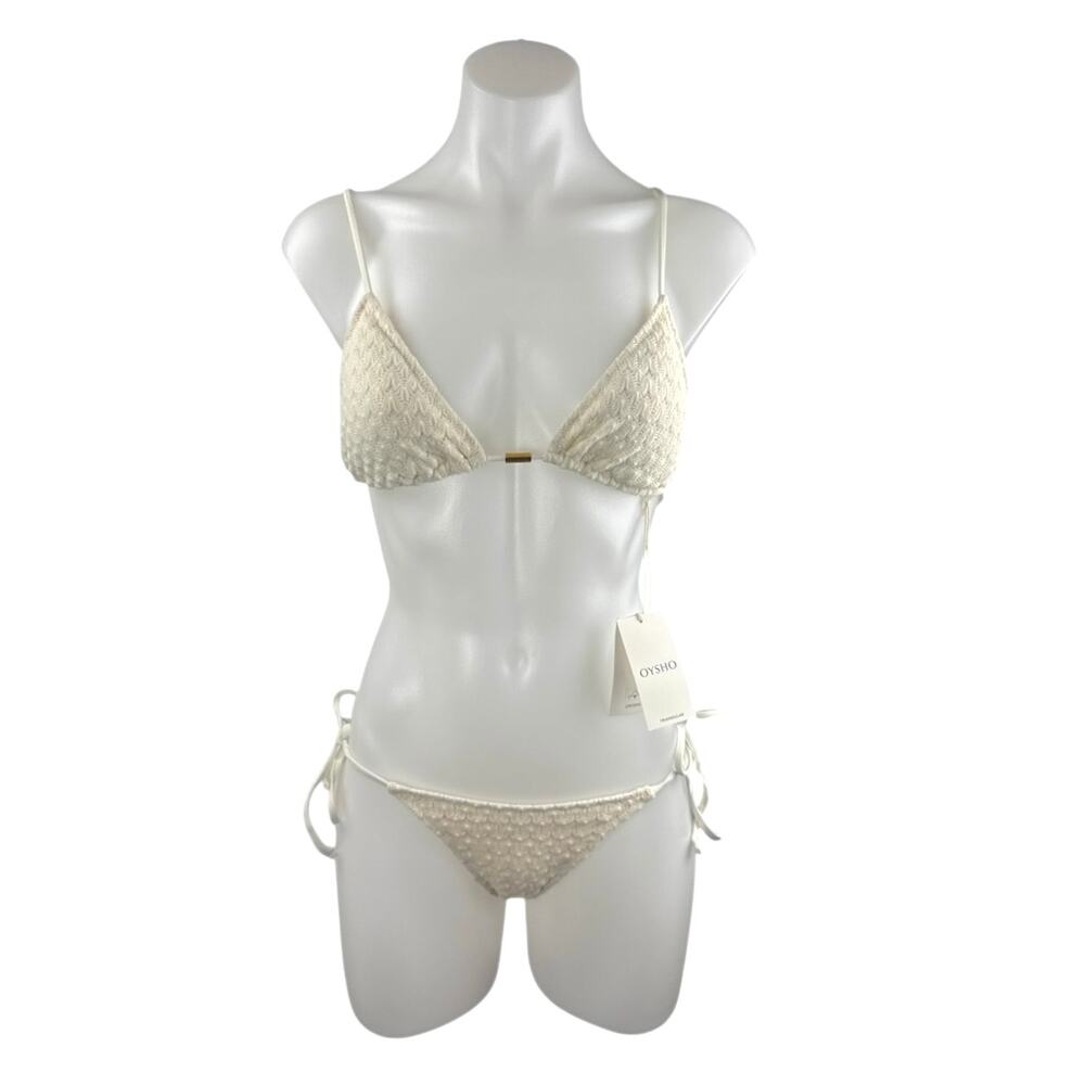 NEW Oysho Cream Crochet Knit Triangle Side Tie Two Piece Bikini Swimwear Size S
